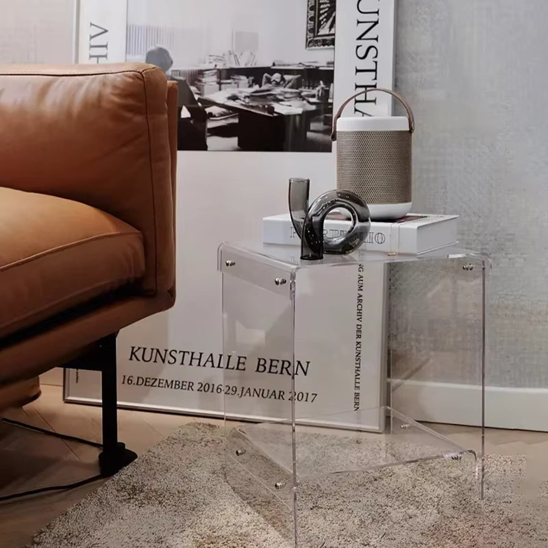 LIUSHADUOLA Couchtisch im skandinavischen Design aus Acryl, quadratischer Beistelltisch mit zwei Ebenen, transparent Orange - Bild 2