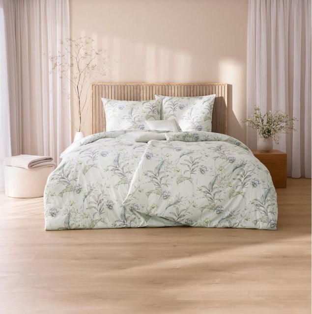 Estella Bettwäsche Susanne Mako-Jersey mit floralem Design in Grün, Türkis und Weiß, B/H: 135 x 200 cm und 80 x 80 cm - Bild 1