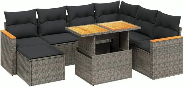vidaXL 8-teilige Garten-Sofagarnitur in L-Form aus Poly-Rattan und Akazienholz in Grau mit Kissen - Bild 1