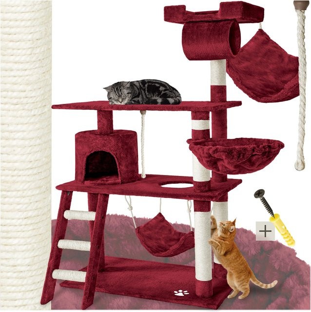 tectake Kratzbaum Marcel Weinrot mit Katzenhaus, Hängematte und Spielzeug, H x B x T: 141 x 105 x 60 cm - Bild 1