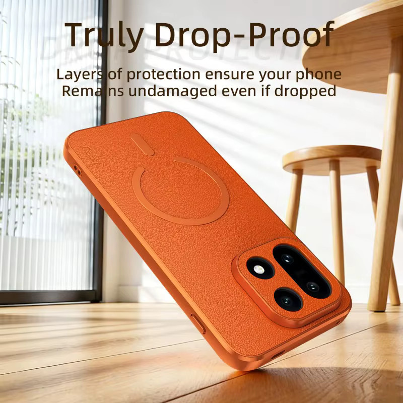 Stoßfeste PU-Lederhülle für OnePlus 15 mit magnetischer kabelloser Ladefunktion in Schwarz und Orange - Bild 5