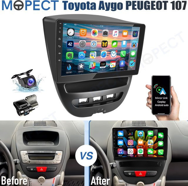 MOPECT Android 15 Autoradio mit 10,1 Zoll Display für Toyota Aygo, Peugeot 107 und Citroen C1 (2005-2014) mit WiFi, Carplay, 4G, 64GB Speicher und Rückfahrkamera in Schwarz - Bild 1