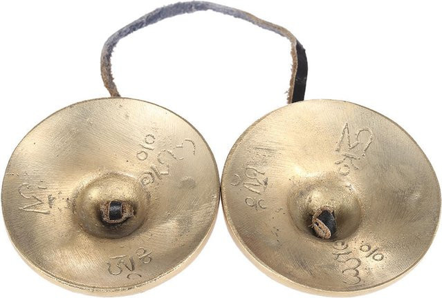 Koogeelife Tibetische Meditations-Tingsha-Beckenglocke aus Metall in Gold mit buddhistischen Glückssymbolen, Durchmesser: 6,5 cm - Bild 1