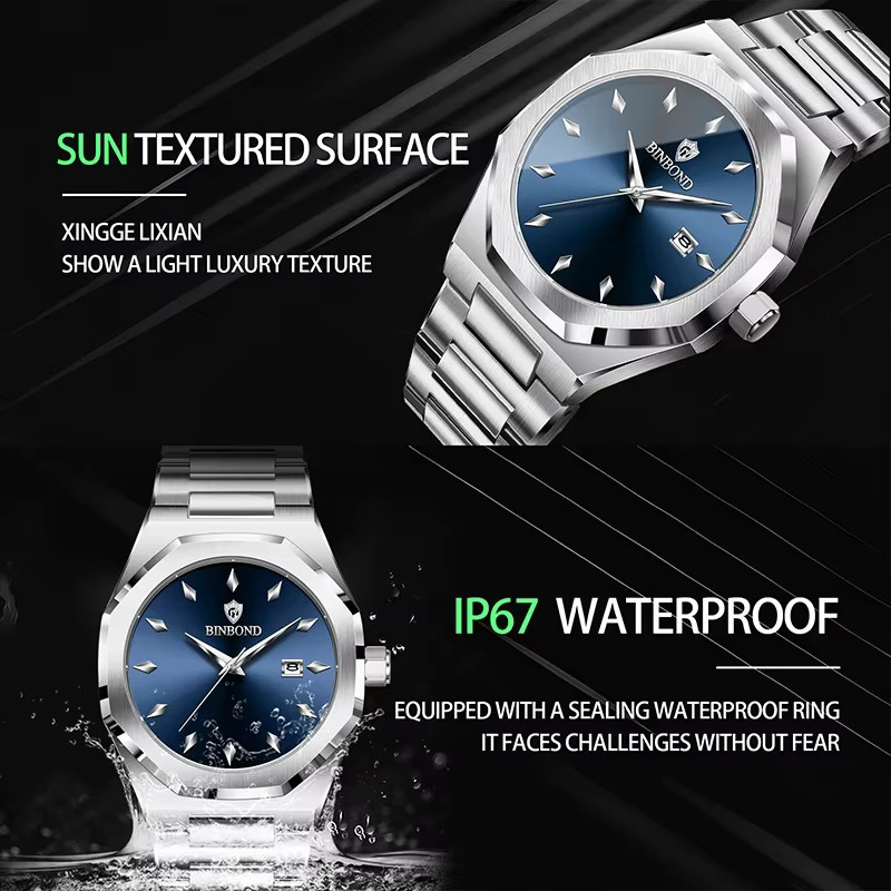 BINBOND Armbanduhr Edelstahl, Quarz, Blau, Herren - Bild 4