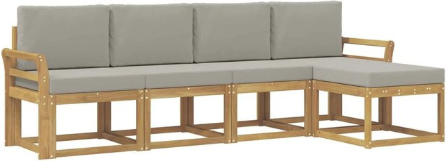 vidaXL Outdoor-Sofagarnitur in L-Form aus Akazienholz, 5-teilig, Weiß, Grau und Braun mit Sitzkissen und Rückenkissen - Bild 1