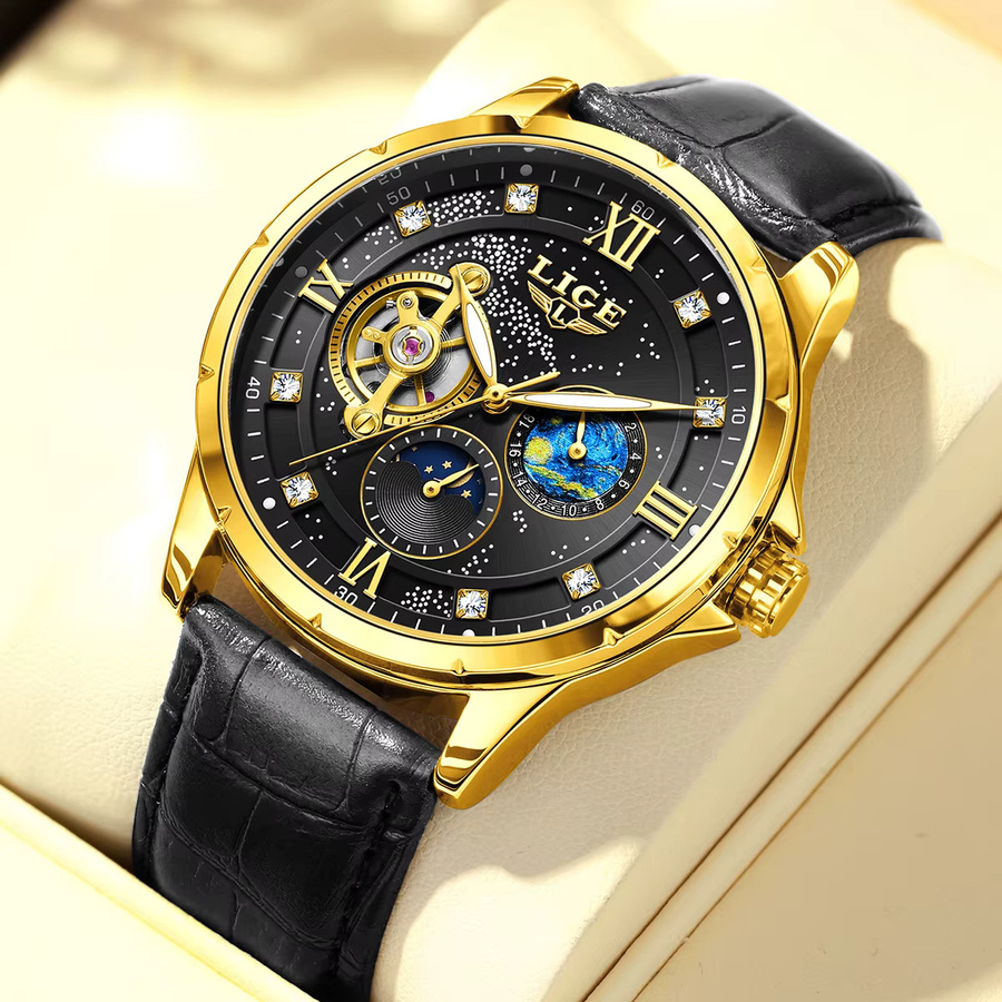 LIGE Chronograph, Automatik, Gold, Leder, Herren - Bild 5