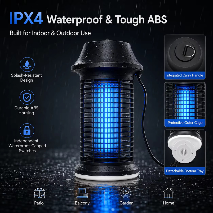 Elektrische Mückenkiller-Lampe 15W UV-Insektenvernichter mit LED-Licht in Schwarz, IPX4 Wasserdicht für Haus, Garten und Camping - Bild 2