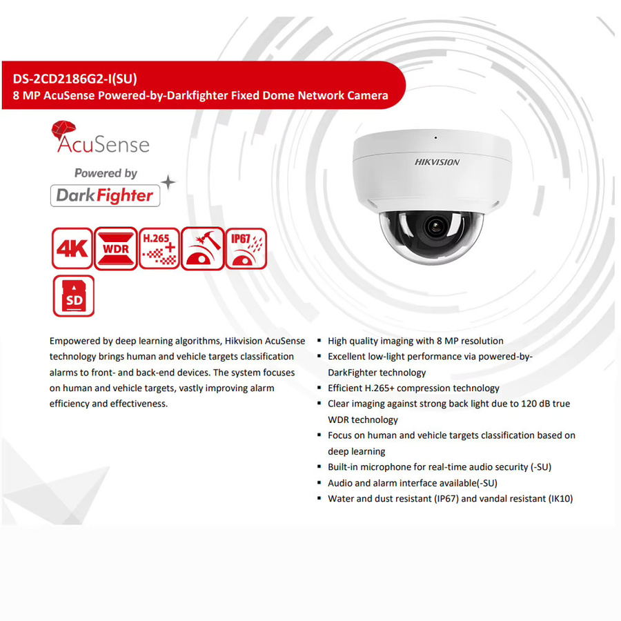Hikvision DS-2CD2186G2-ISU Acusense 4K 8MP Dome Netzwerk IP Kamera in Weiß mit Mensch- und Fahrzeugerkennung, DarkFighter, Audio und Alarm I/O - Bild 3
