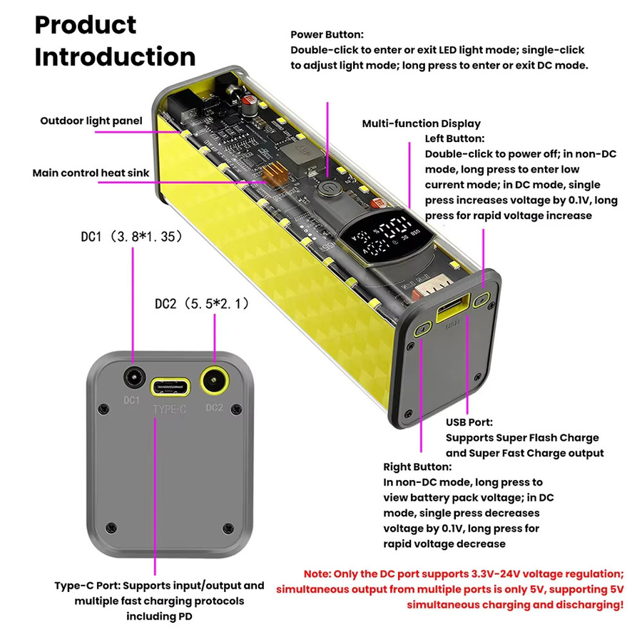 Gaqqee DIY Powerbank-Gehäuse Set Transparent mit LED-Licht, PD65W PD45W Schnellladefunktion für 8 Zellen 18650 Akkus, Schwarz - Bild 4