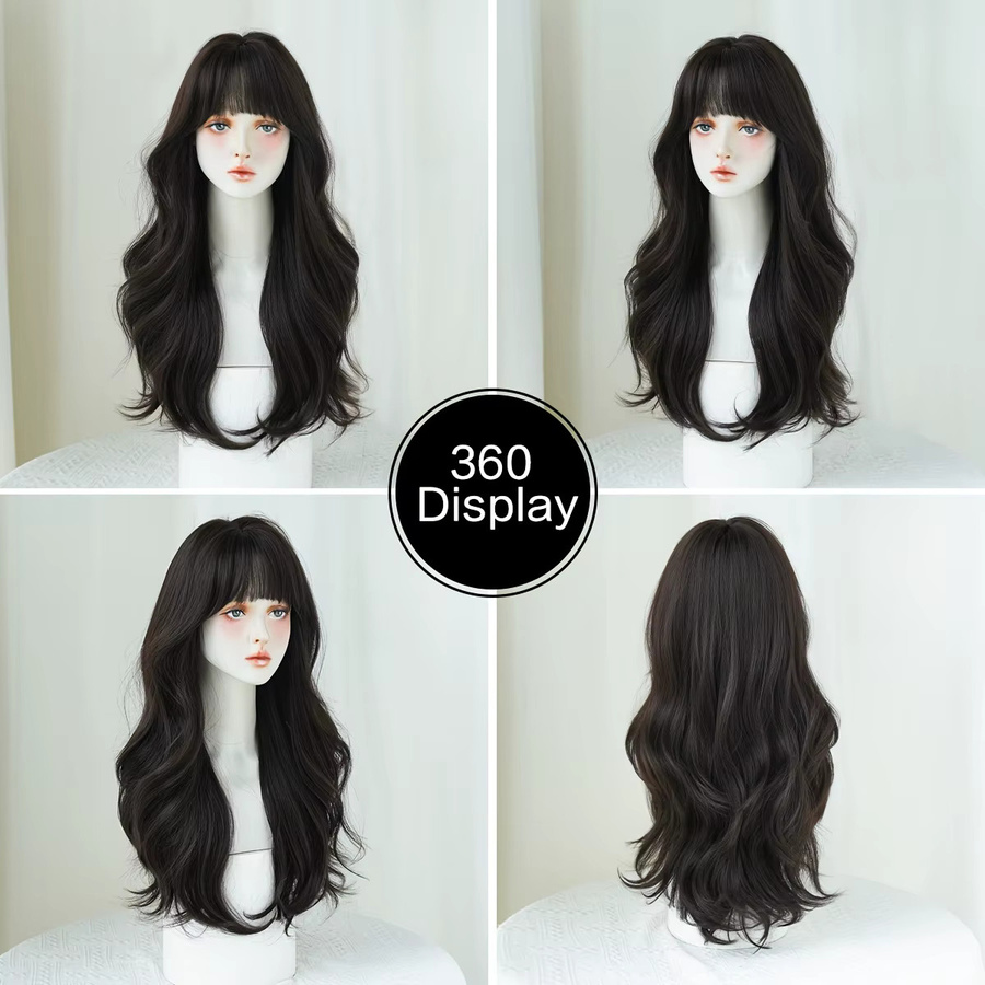 7JHH WIGS Perücke, dunkelbraun, lang, lockig, mit Pony, synthetisch, Damen - Bild 2