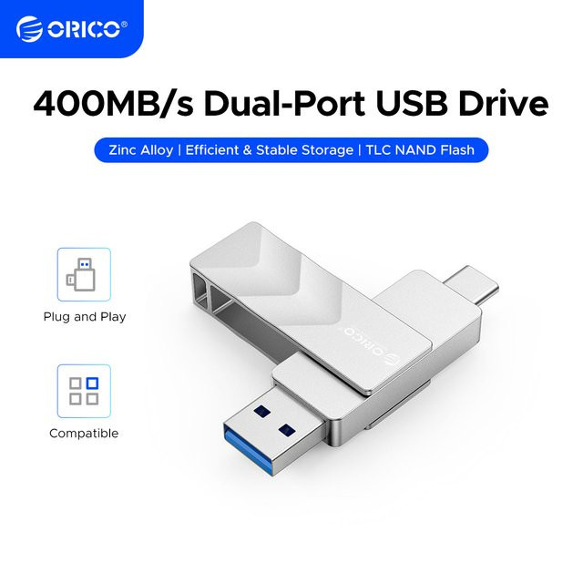 ORICO Dual USB-Stick TLC Flash mit USB-C und USB-A Anschluss in Silber für iPhone 15/16/17 Serie mit bis zu 400MB/s Lesegeschwindigkeit - Bild 1