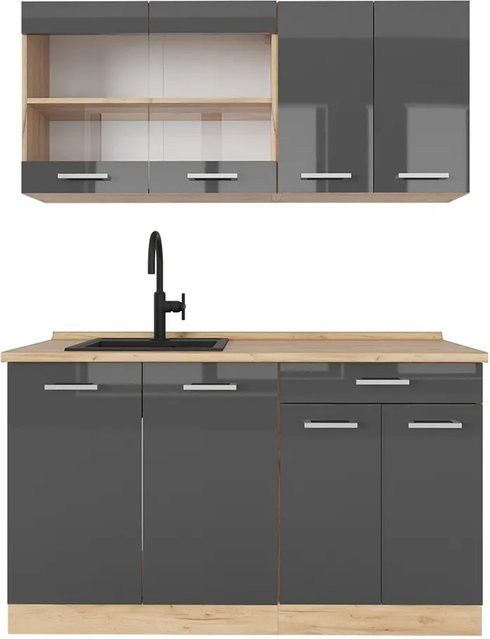 Vicco R-Line Singleküche Anthrazit Hochglanz und Goldkraft Eiche, Breite: 140 cm - Bild 1