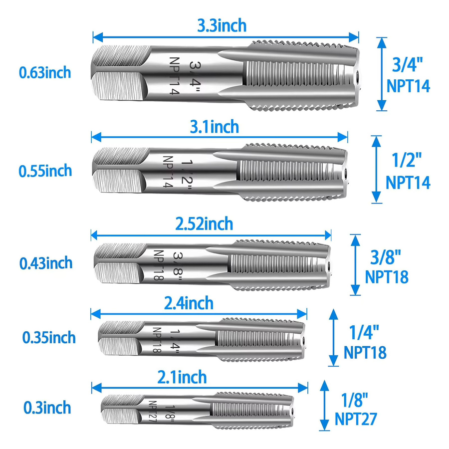 5-teiliges NPT-Rohrgewindebohrer-Set mit Aufbewahrungskoffer in Silber, Größen: 1/8, 1/4, 3/8, 1/2 und 3/4 Zoll - Bild 4