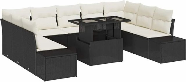 vidaXL Garten-Sofa-Set 10-tlg. in L-Form mit Kissen und Couchtisch, Schwarz und Beige - Bild 1