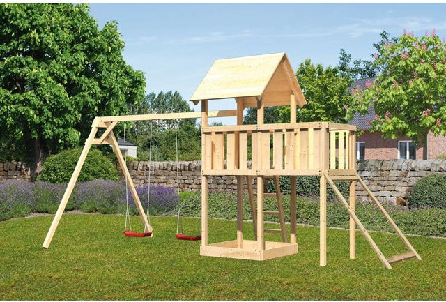 Karibu Spielturm Lotti mit Doppelschaukel Anbauplattform Netzrampe aus Massivholz - Bild 1