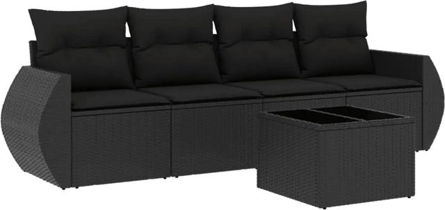 vidaXL 5-tlg Garten-Sofagarnitur aus Poly-Rattan mit Kissen in Schwarz - Bild 1