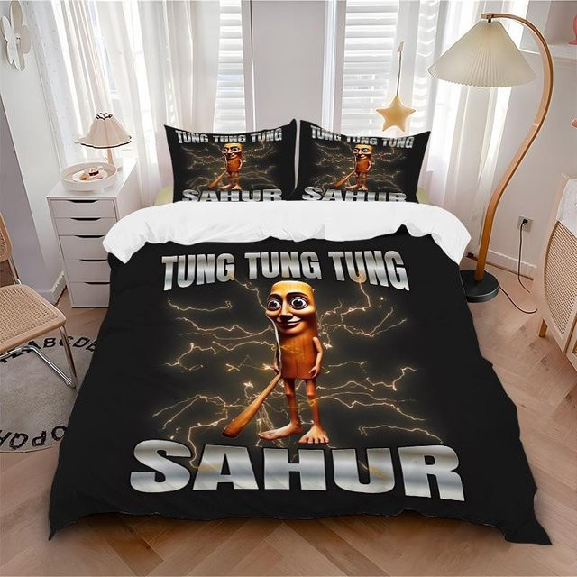 Tung Tung Sahur Bettwäsche-Set aus Polyester, 3-teilig, Schwarz, B/T: 200 x 200 cm - Bild 1