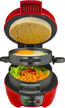 Igeteck Sandwichmaker mit Eierkocherring und Timer in Rot, antihaftbeschichtet für Sandwiches, Burger und Omeletts