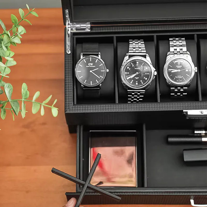 DOKW Schmuckbox aus Holz mit 2 Etagen und Schubladen, Uhrenbox und Vitrine mit transparentem Deckel für Halsketten und Ohrringe, Braun oder Schwarz - Bild 4