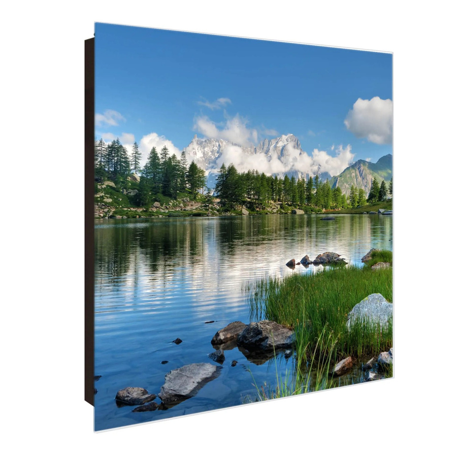 Banjado Schlüsselkasten aus Metall und Glas mit Motiv Gebirgssee, Schwarz, B/H: 30 x 30 cm, Magnetisch und Beschreibbar mit Haken zur Schlüsselaufbewahrung - Bild 1