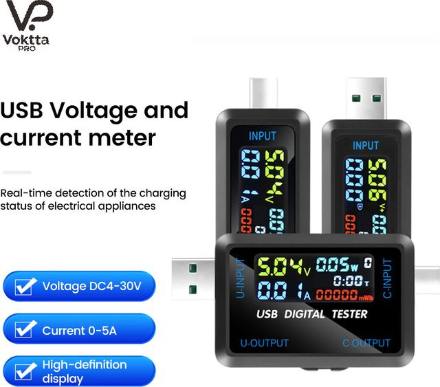 Voktta 10-in-1 USB-Tester Digitalvoltmeter und Strommesser mit USB-C und USB-A Anschlüssen in Schwarz - Bild 1