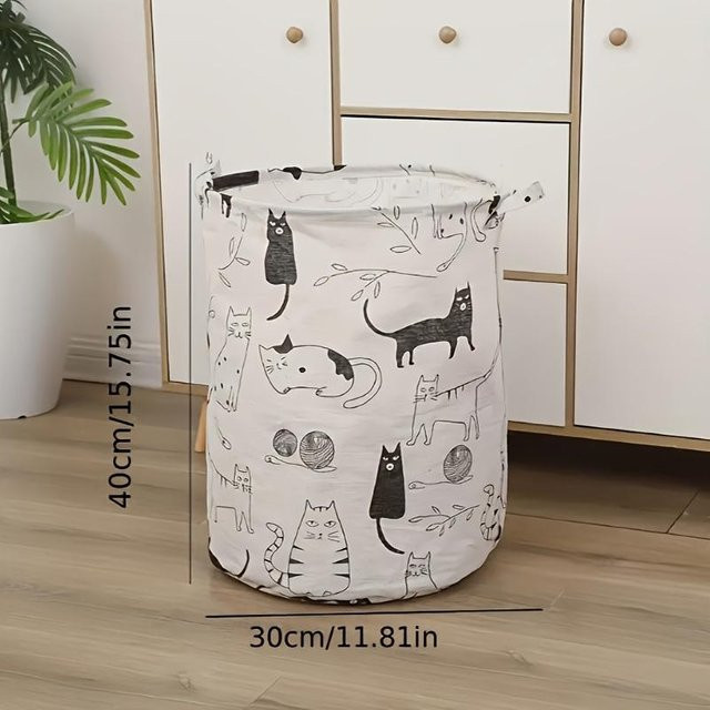 XYNN Faltbarer Aufbewahrungskorb mit Katzenmuster in Grau, Runder Wäschekorb aus Baumwolle, B/H: 30 x 40 cm - Bild 1