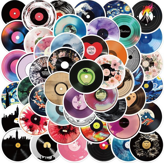 50 Stück MRJIAANGSON CD Vinyl Schallplatte Graffiti Aufkleber, wasserfeste Sticker in Multicolour für Laptop, Telefon, Gitarre und Koffer - Bild 1