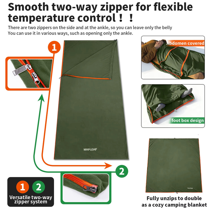 MAPLEAF Fleece-Schlafsack-Einlage für den Winter, leichte Camping-Decke in Grün, Unisex - Bild 5