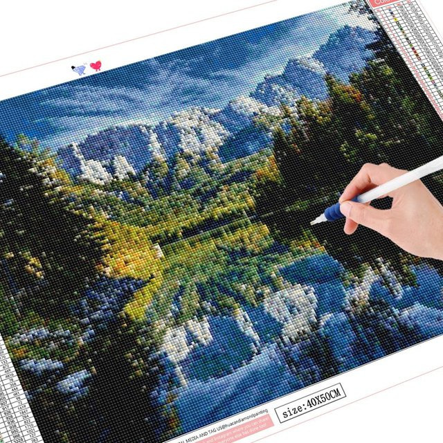 FIYO 5D Diamantstickerei Landschaft DIY Mosaik Set mit Fluss Motiv in Grau und Multicolour, Breite: 30 cm, Höhe: 20 cm - Bild 1