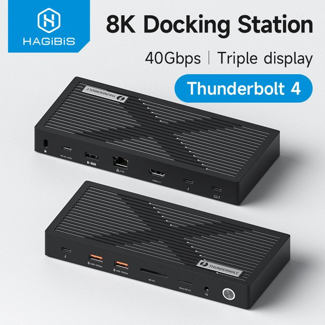Hagibis Thunderbolt 4 Hub Dockingstation mit Dual-Monitor 8K/4K Display, 40 Gbit/s, Schwarz - Bild 1