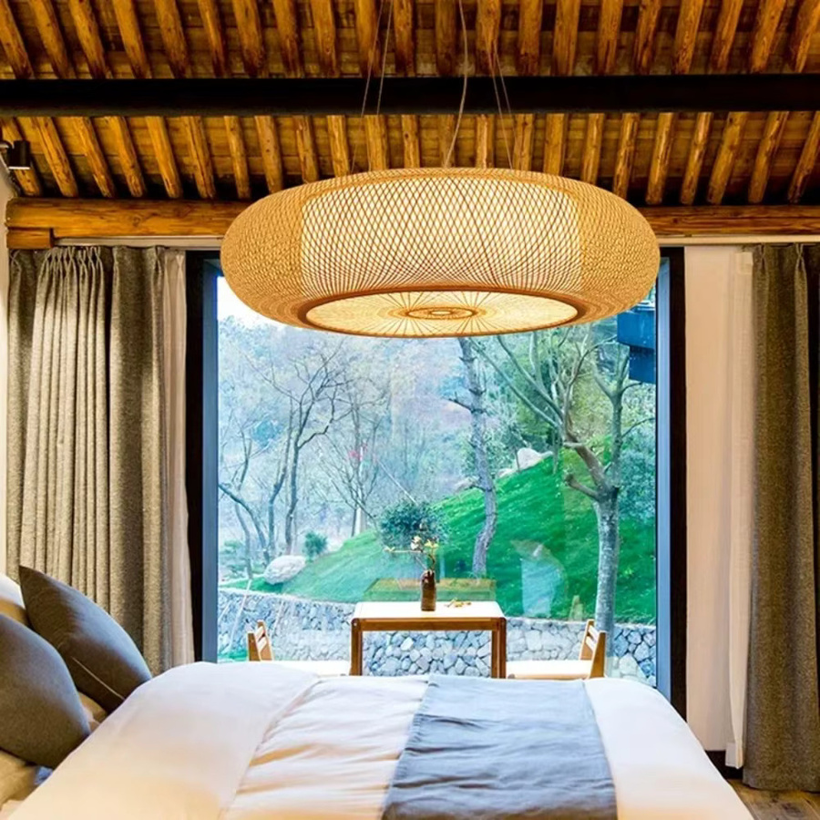 JOYINLED Pendelleuchte aus Rattan und Bambus im Boho-Design, runde Hängelampe aus Holz für Wohnzimmer und Schlafzimmer - Bild 2