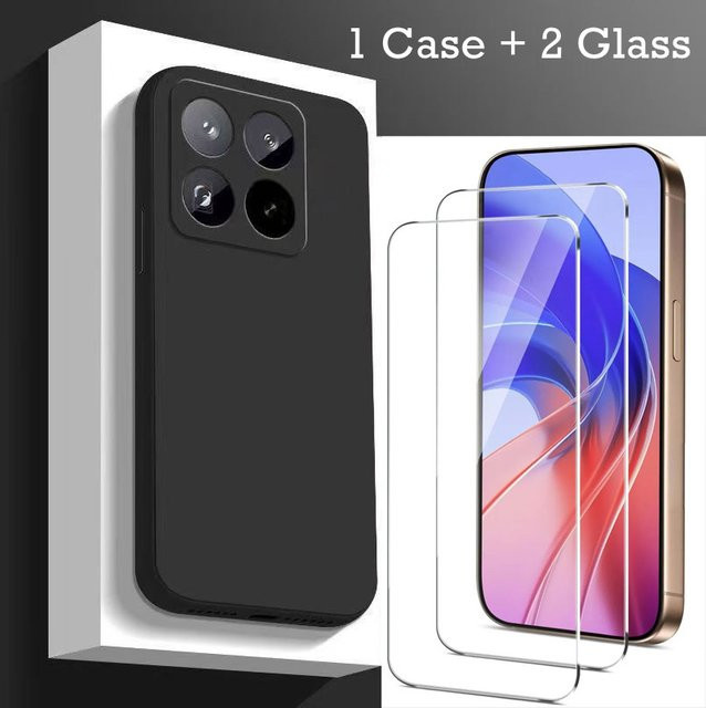 Xiaomi Handyhülle mit Silikonhülle und 2 HD-Glas-Displayschutzfolien für Xiaomi 15T und 14T Pro, quadratisches Soft Cover mit interner Beflockung, Schwarz - Bild 1