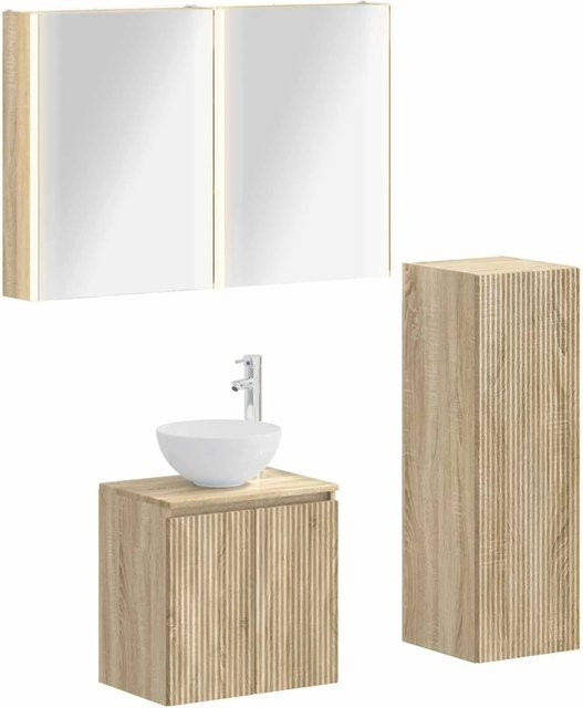 vidaXL Badezimmermöbel-Set 4-teilig in Sonoma-Eiche mit Waschtischunterschrank, Spiegelschrank und LED-Beleuchtung, Braun - Bild 1