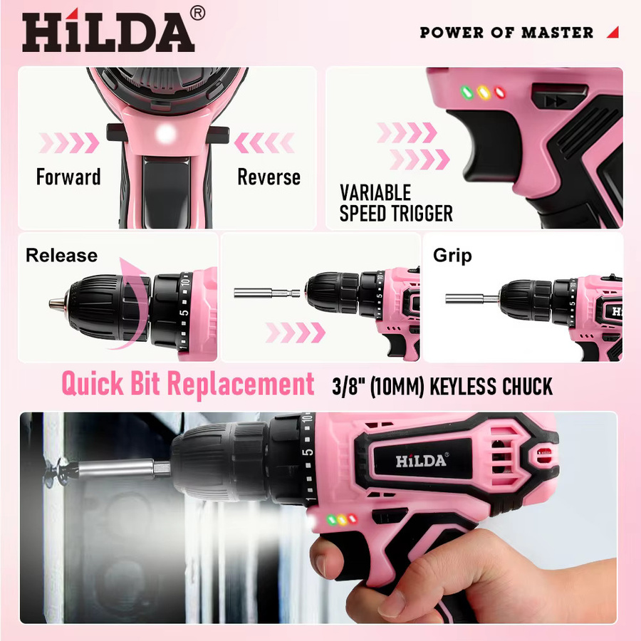 HILDA Akku-Bohrschrauber in Pink mit 21V und wiederaufladbarem Akku inklusive Werkzeugtasche - Bild 3