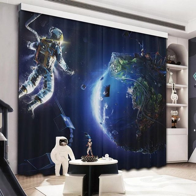 Yiran Furniture Blackout Vorhang für Kinderzimmer mit Astronaut-Motiv, Blau, 2er-Set, B: 70 cm, H: 185 cm - Bild 1