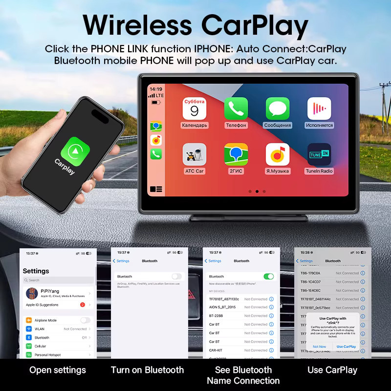 Srnubi 7/10 Zoll Carplay Smart Screen Wireless Multimedia Player mit Android Auto und AUX in Schwarz - Bild 3