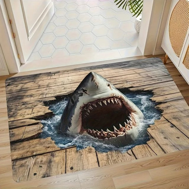 VIKAMA Shark Hole Eingangstür-Teppich, rutschfest und dekorativ im Ozean-Stil, Mehrfarbig, B/T: 60 x 40 cm - Bild 1