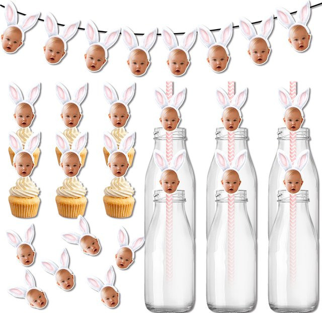 Cyuan Party-Dekorationsset mit Kaninchen-Motiv für Babyparty und Geburtstag, buntes Set aus Banner, Aufklebern, Kuchendekoration und Strohhalmen aus Papier - Bild 1