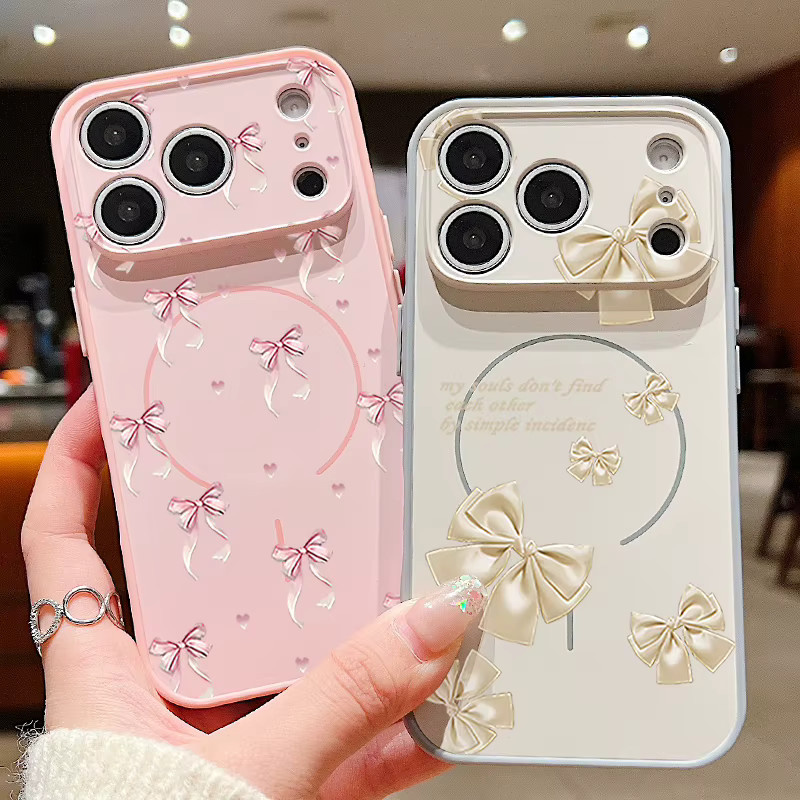 MOESOE Magnetische Handyhülle mit Schleifenmuster für iPhone 17 Pro Max 16 15 14 13 Pro Max, MagSafe kompatibel, stoßfeste Hartschale, Farbe: Pink - Bild 1