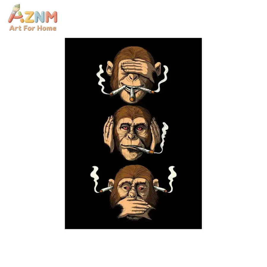 AZNM Wandkunst Leinwand Drei weise rauchende Affen Motiv mit Tierdruck in Mehrfarbig für dein Wohnzimmer und Schlafzimmer - Bild 5