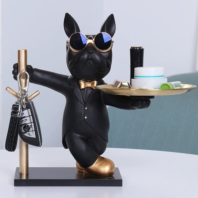 GUOFEI Bulldogge Skulptur als Butler Aufbewahrungsbox mit Tablett aus Harz in Nordischem Design - Bild 1