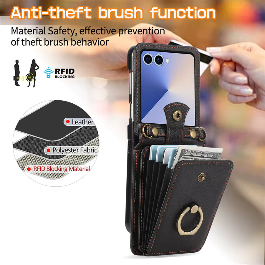 Leder Umhängetasche mit Fingerringhalter und Kartenfach als Handyhülle für Samsung Galaxy Z Flip 7 6 5 4 3 FE in Purple - Bild 5