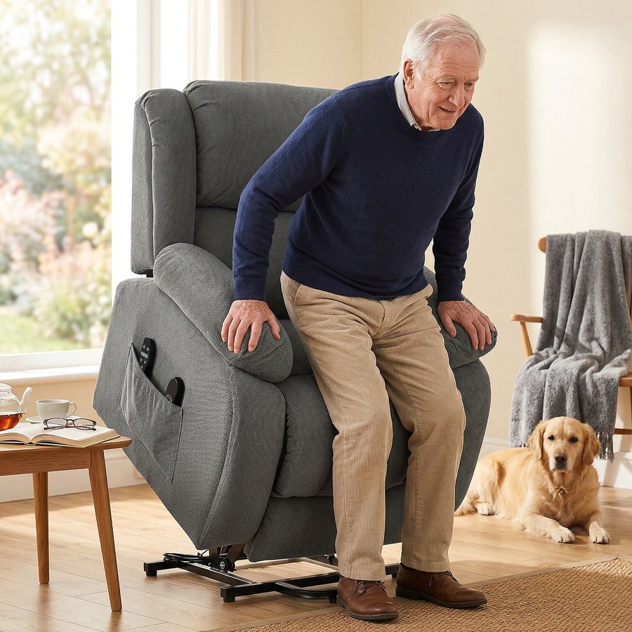 HOMCOM Fernsehsessel mit elektrischer Aufstehhilfe, Relaxsessel mit Massagefunktion, Liegefunktion und Wärmefunktion, Samtoptik in Grau mit USB-Anschluss und Seitentasche - Bild 2