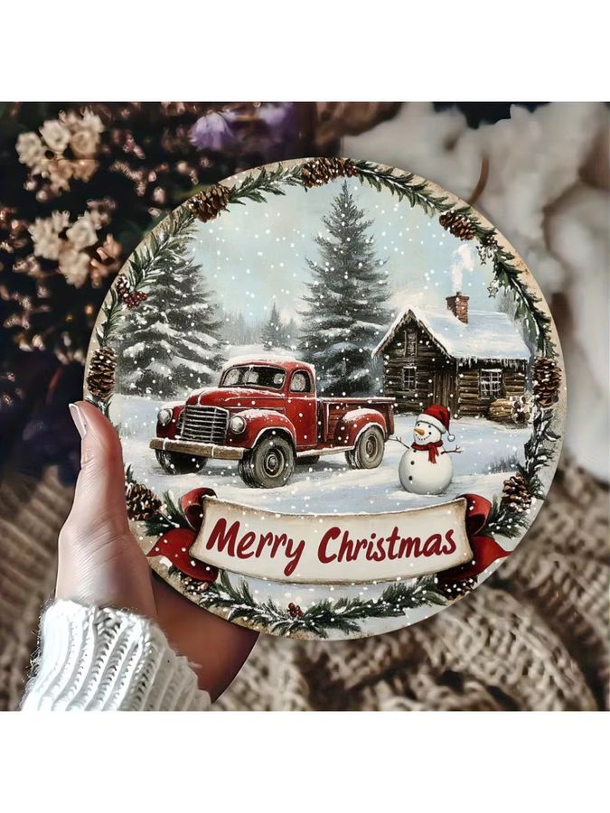Potdemiel Vintage Weihnachtskranz-Dekorschild aus Aluminium mit Schneemann und rotem LKW, runde Hängekunst für Weihnachten, Durchmesser: 20 cm - Bild 6