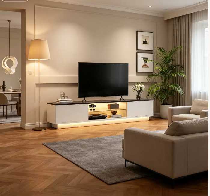 Rosahqnda TV-Schrank mit LED-Beleuchtung für Fernseher bis 65 Zoll, modernes TV-Lowboard mit Regalen für Wohnzimmer und Schlafzimmer - Bild 5