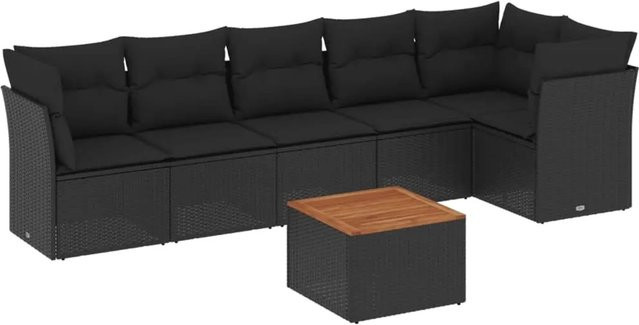 vidaXL 7-tlg Garten-Sofagarnitur in L-Form aus schwarzem PE-Rattan mit Kissen und Gartentisch - Bild 1