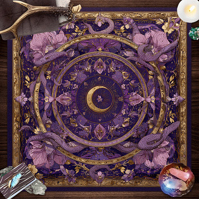 VIKAMA Altartuch mit lila Drachen-Mond-Blumen-Motiv aus Leinen für Tarotkarten und Meditation im Boho-Stil - Bild 1