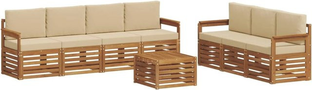 vidaXL Sofagarnitur 8-teilig aus Massivholz Akazie in Natur und Beige mit Tisch und Polstern - Bild 1