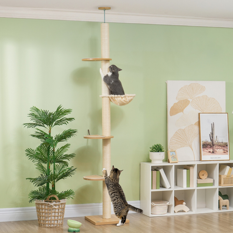 PawHut Kratzbaum mit Hängematte, deckenhoch und höhenverstellbar, Eiche und Cremeweiß, B/T/H: 40 x 40 x 250 cm - Bild 2