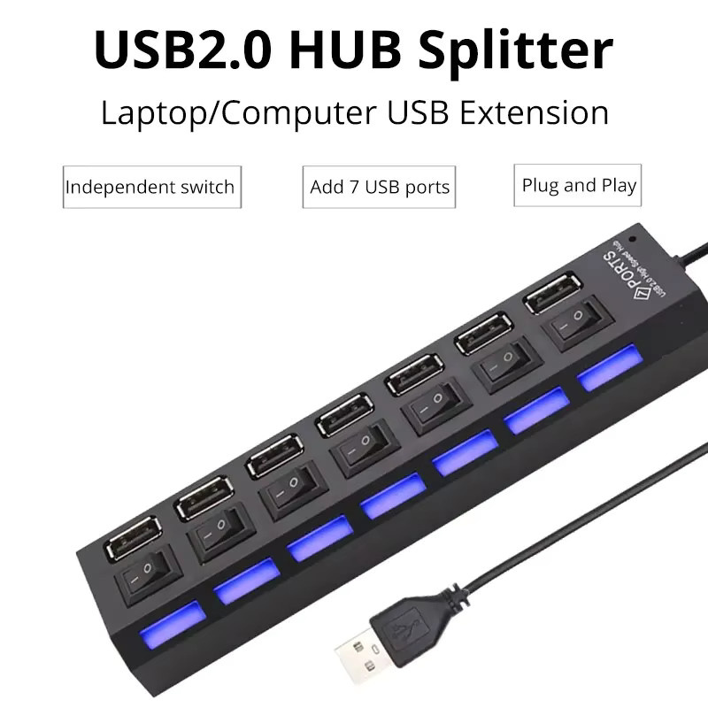 Switch 7-Port USB 2.0 Hub Extension Hub in Schwarz für PC, Laptop und Desktop - Bild 2